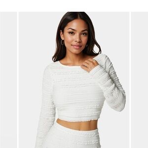 bebe White Textured Long Sleeve Crop Top